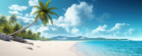 Fototapeta na wymiar Panorama tropical sea and sandy beach with blue sky background. Generative AI