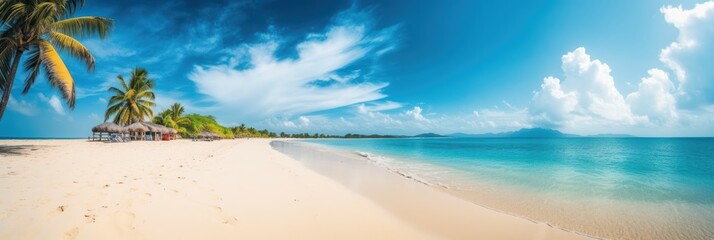 Panorama tropical sea and sandy beach with blue sky background. Generative AI