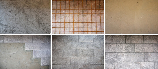 Steps from reconstruction of the terrace floor of an apartment. Step by step concept. Top view.