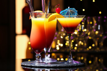 Glasses of tasty Tequila Sunrise on table in bar