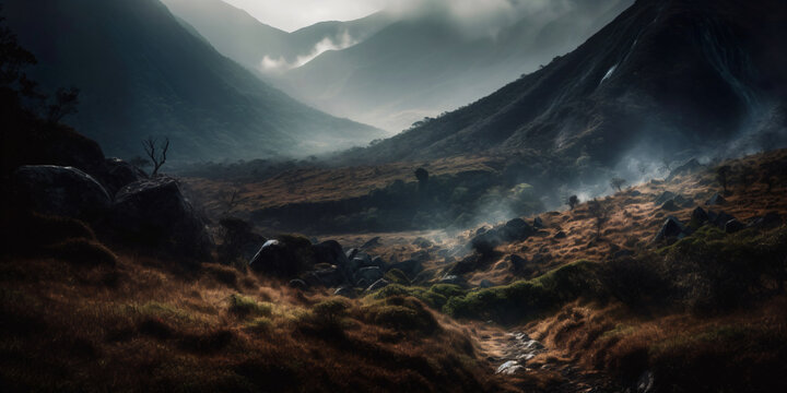 the slopes of Papandayan Mountain Indonesia which are shrouded in mist