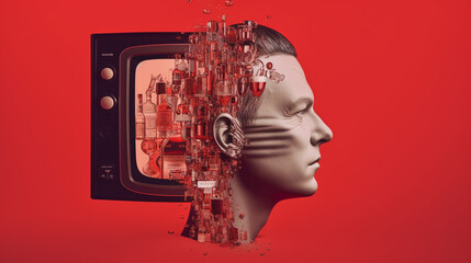 Contemporary art collage of male with TV instead head isolated over red background Generated AI