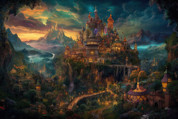 Fototapeta na wymiar Magic Fairy Tale Castle in the deep forest. Fantasy landscape. Digital painting. Generative AI