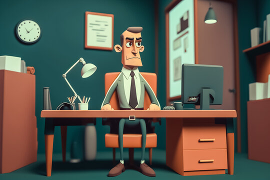 Homme d'affaire style cartoon dans son bureau - Générative IA