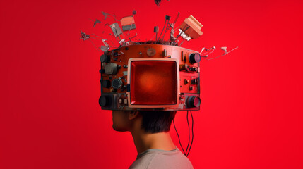 Contemporary art collage of male with TV instead head isolated over red background