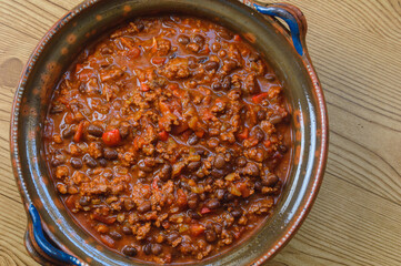 Black Bean Beef Chili Con Carne in Large Clay Pot
