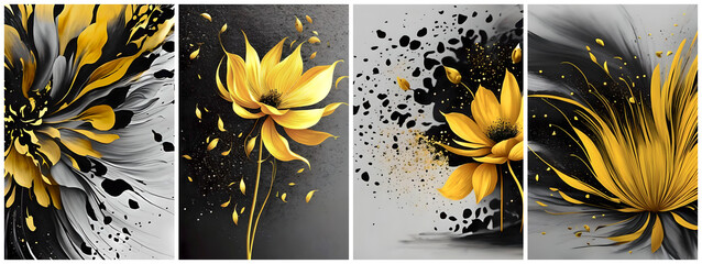 Art posters with flowers and rain, drawn in a free brush technique, black ink painting with yellow color for interior design, decor, packaging, invitation, print. AI generated.