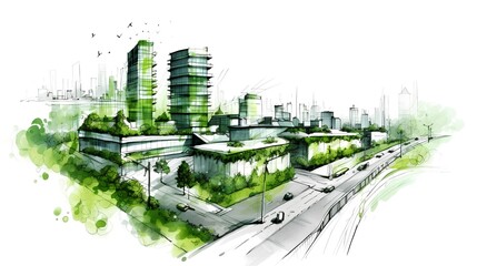 Sustainable urban design featuring eco-friendly elements. Generative AI