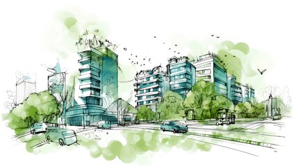 Sustainable urban design featuring eco-friendly elements. Generative AI