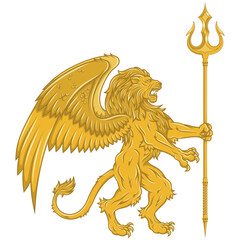 winged rampant lion with trident vector - obrazy, fototapety, plakaty
