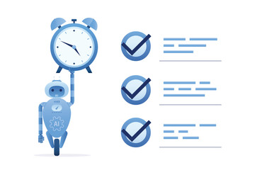 Robot holds alarm, successful completion of all tasks. Automatic system did all the work on schedule. Artificial intelligence has replaced human workers and is successfully doing jobs.