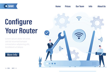 Configure your router, landing page template. Smart people setup internet signal transmitter by guide. Wireless connection technology. Application development material. Router configuration.