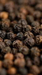 Whole black peppercorns. Dried black peppers. Seasonings and condiments concept