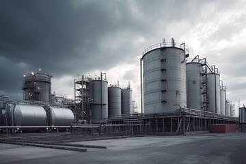 Obraz premium modern petrochemical plant with reactors and converters under heavy sky with copyspace 