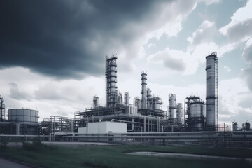 Obraz premium modern petrochemical plant with reactors and converters under heavy sky with copyspace 