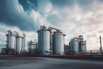 modern petrochemical plant with reactors and converters under heavy sky with copyspace	