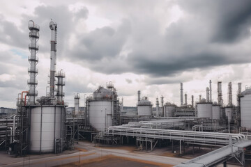 modern petrochemical plant with reactors and converters under heavy sky with copyspace	