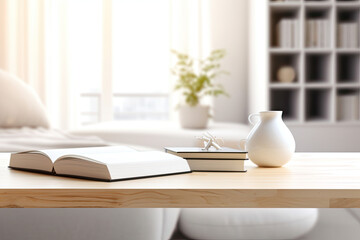 Close - up Modern white table top with free space to edit your product display with books above the living room blurred in the background	