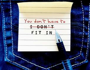 Pen on jean background with handwritten text on note paper I DONT FIT IN, changed to YOU DONT HAVE TO FIT IN, to build self acceptance, stop needing others validation and be your true self