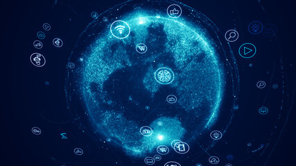 Global network connection and data connections concept. Communication technology global world network. Digital Data network technology With social network icons surrounded for worldwide connections.