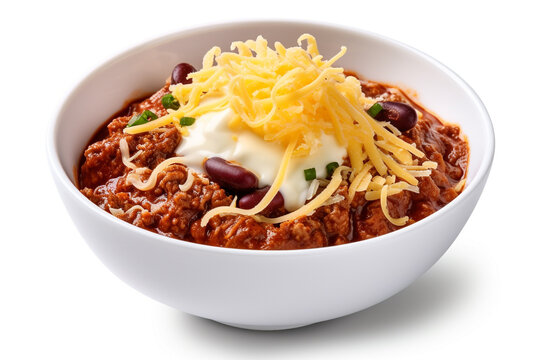 A bowl of spicy chili with a dollop of sour cream