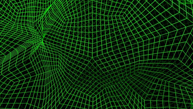 Black background with a grid. Design. A green grid made of small squares that twitches in different directions in abtraction.