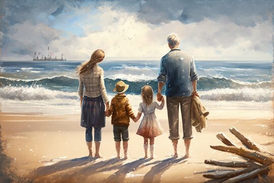 Family holiday. Happy family holding hands standing on dreamy sandy beach watching ocean at golden sunset. Generative AI.