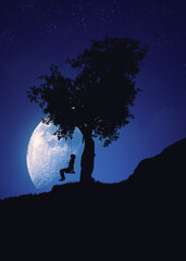 Fototapeta na wymiar Girl on swing under tree at night