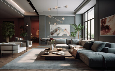 Fototapeta na wymiar Modern interior design of living room with grey sofa and wooden coffee table
