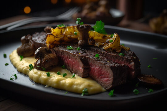 A grilled hanger steak with a side of sauteed mushrooms