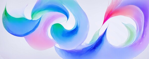 an abstract painting of blue, pink, and green swirls