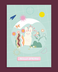 Hello Spring with Bunny Vector Template . Modern Flat Style, for social media, print,postcard.
