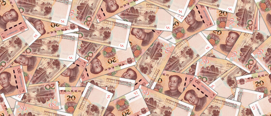 Financial illustration. Wide seamless pattern. Randomly scattered Chinese paper banknotes, denomination of 20 yuan.
