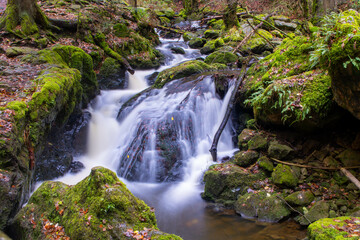 Fototapeta na wymiar Waterfall cascades with some mossy stones in the Ravenna Gorge, Black Forest, Germany