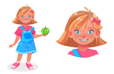 Happy girl head portrait. Cute smiling blond child and braces on teeth. Adorable kid student, schoolgirl. Cartoon vector illustration isolated on white background