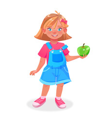 Cute little girl holding an apple. Healthy food concept, healthy snack. Fruits, vitamins. Cartoon vector isolated illustration on white background