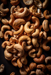 Close up of Roasted cashew nuts background collection. Top view Fresh, Tasty, and healthy food scattered cashew nuts