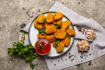 Plate of tasty nuggets with ketchup on grunge background