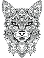 Cat head, black white illustration, outline for coloring book page, AI generative coloring card
