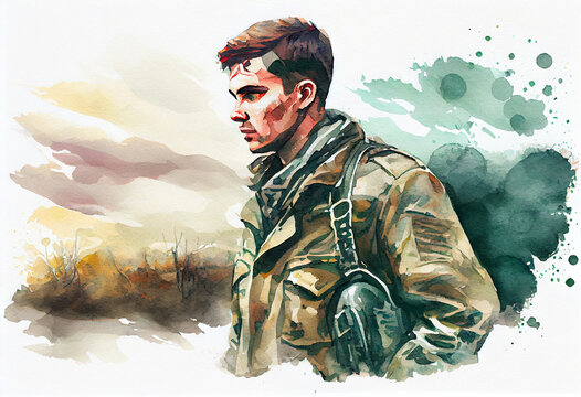 Ukrainian man in soldiers uniform on battlefield, watercolor style illustration. Generative ai