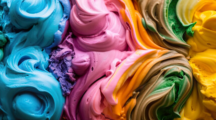 Rainbow ice cream, close-up on multicolor swirls of delicious icecream, AI generative summer trendy food background