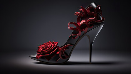 Black tango shoes, high heel stilettos on a black background decorated with rose flower. AI generative. - obrazy, fototapety, plakaty