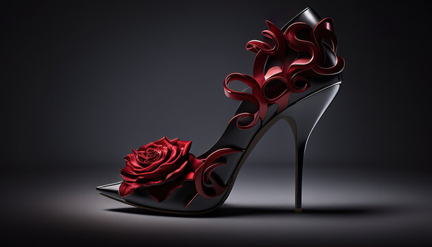 Black tango shoes, high heel stilettos on a black background decorated with rose flower. AI generative.