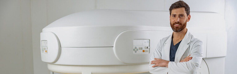 Radiologist on background of MRI or CT or PET Scan with female patient undergoing procedure