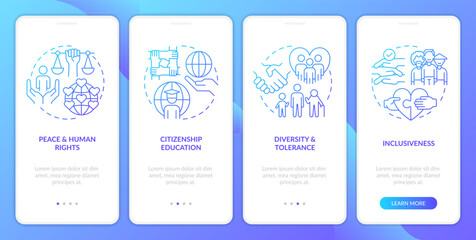 Fototapeta premium GCED issues blue gradient onboarding mobile app screen. Global citizenship walkthrough 4 steps graphic instructions with linear concepts. UI, UX, GUI template. Myriad Pro-Bold, Regular fonts used