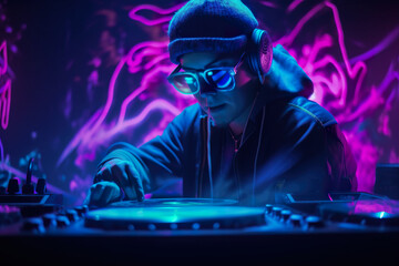 Bright dynamic illustration of DJ in a nightclub with turquoise and neon lights, AI generative illustration