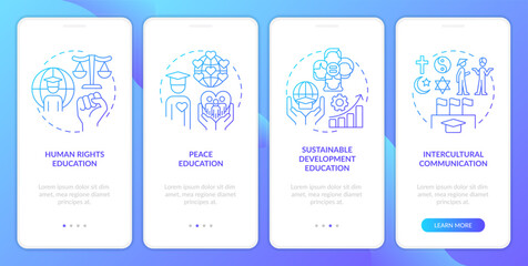 GCED learning blue gradient onboarding mobile app screen. Education process walkthrough 4 steps graphic instructions with linear concepts. UI, UX, GUI template. Myriad Pro-Bold, Regular fonts used