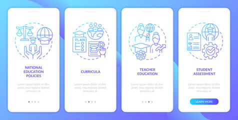 GCED mainstreaming blue gradient onboarding mobile app screen. Just society walkthrough 4 steps graphic instructions with linear concepts. UI, UX, GUI template. Myriad Pro-Bold, Regular fonts used