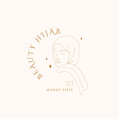 Beauty hijab logo template. Elegant female portrait in trendy minimalist style. Linear vector illustration.