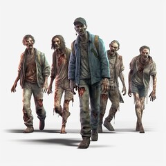 zombie crowd walking  on white background created by generative AI